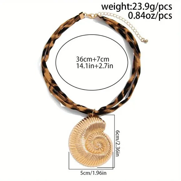 Large Gold Sea Shell Pendant Necklace w/Leopard Fabric Tie Bold & Beachy Style - Picture 4 of 7